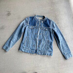 Madewell Blue Distressed Frayed Denim Jacket Size M Patchwork Collarless